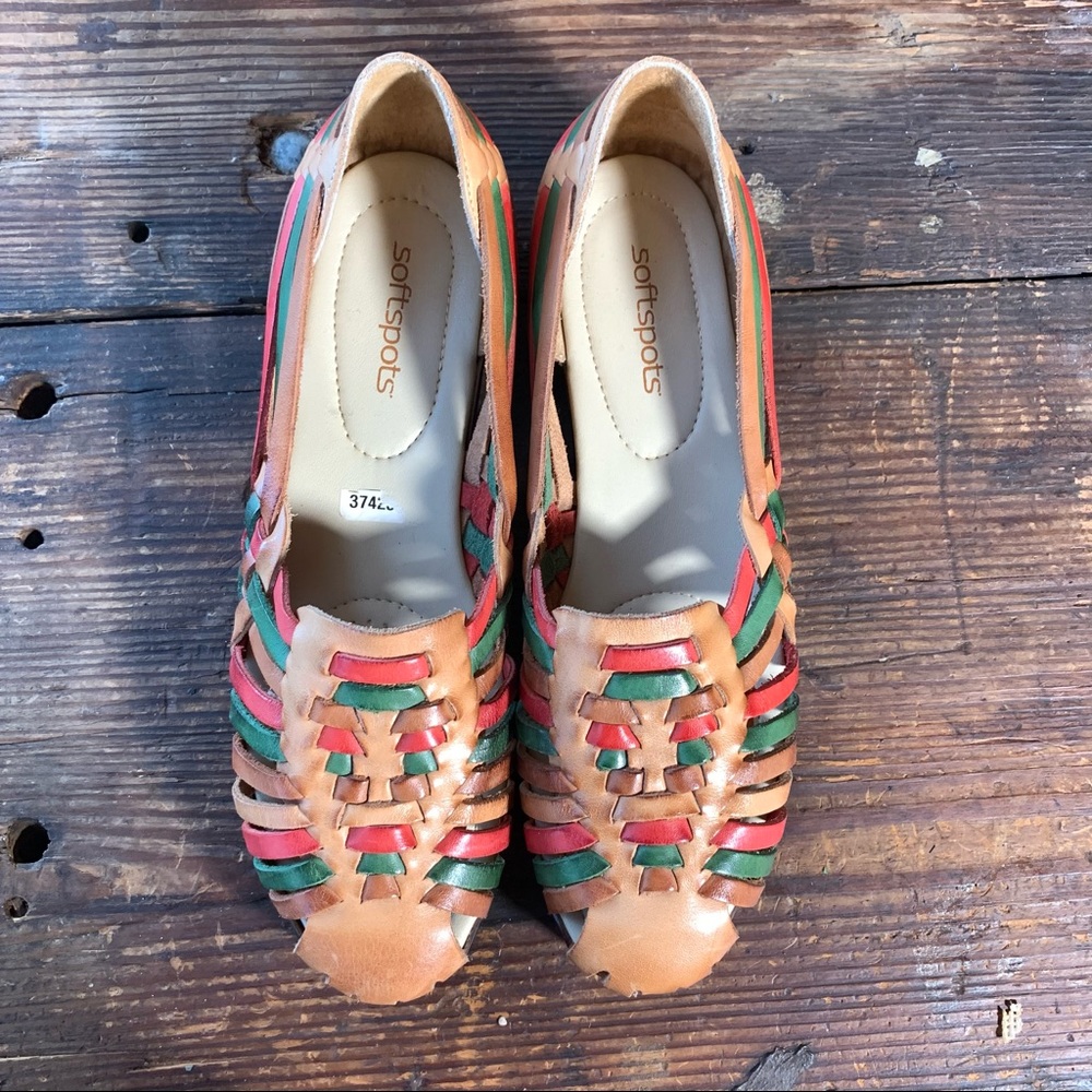 Softspot Woven tan Multi Colored Leather Huarache Sandals Vintage Mexico sz 9.5N